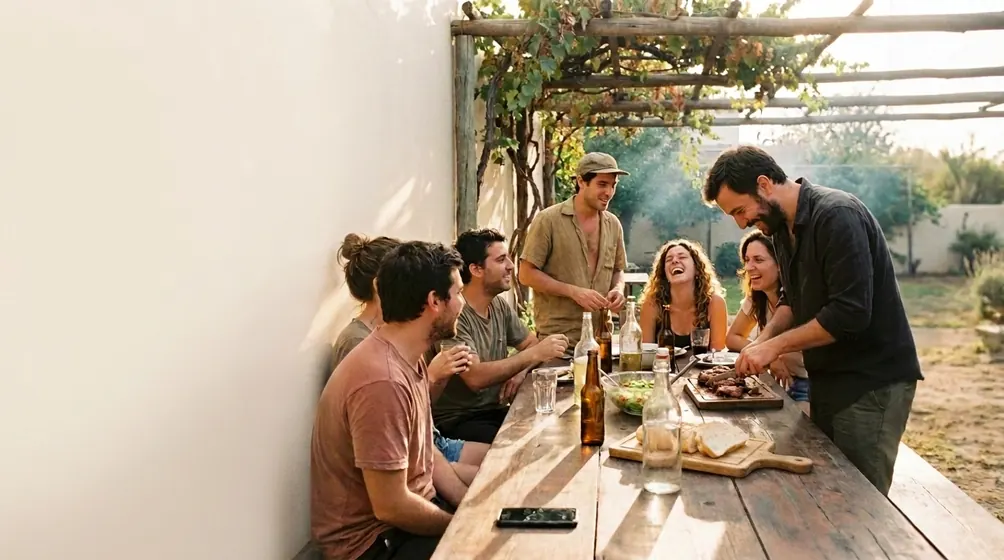 Amigos en un asado, con el celular boca abajo sobre la mesa